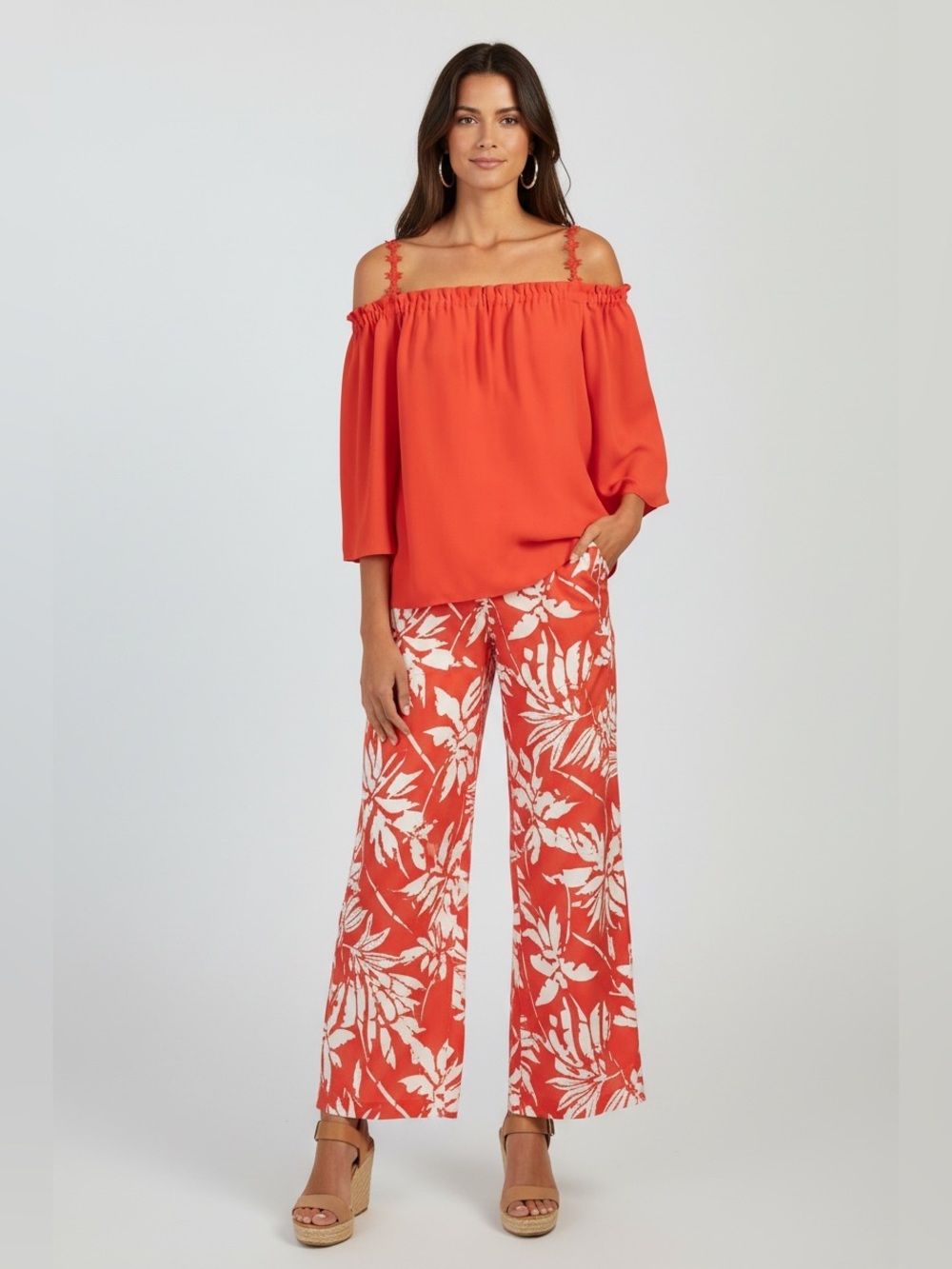 Trina Turk NWOT “Promenade” 3/4 Length Sleeve Off-Shoulder Top. Cherry Tomato XL